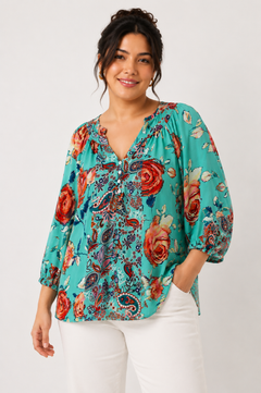 Bold Floral Blouse in Turquoise- Size: L