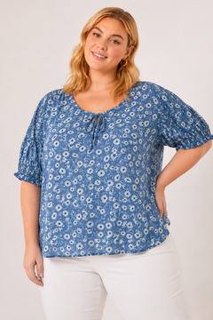 100% Viscose Floral Tie-Neck Top - Size: XXXL