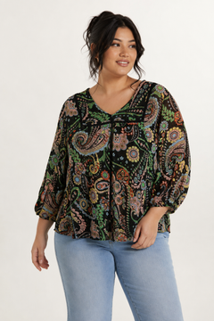 Dark Paisley Blouse with Front-tie- Size: XL