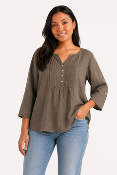 100% Linen Blouse in Olive Green - Size: L
