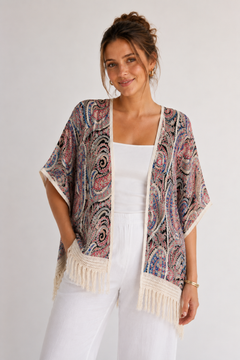 100% Viscose  Kimono with Fringe- Size: L