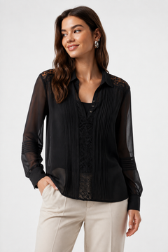 Lace-shoulder Panel Blouse - Size: M