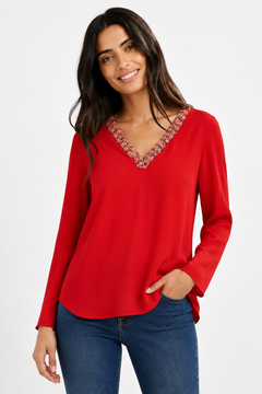 Embellished V-Neck Top in Vivid Red- Size: S