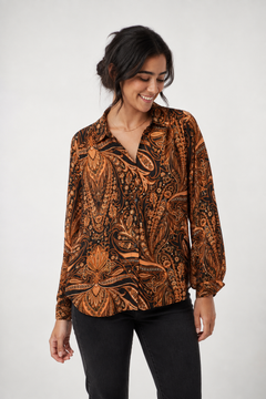 Vintage-inspired Print Blouse- Size: S (Fits: M/L)