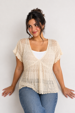 Smocked V-Neck Top in Cream- Size: M/L