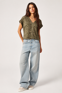 Linen Viscose Abstract Top in Khaki- Size: S/M