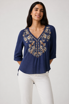 Embroidered V-Neck Blouse - Size: M