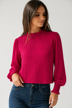 Shirred Neck Blouse in Fuchsia - Size: L