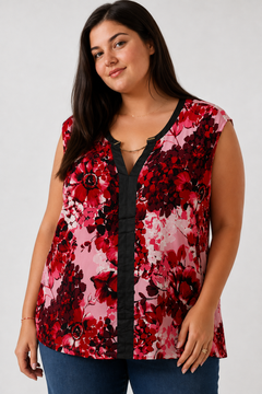 Sleeveless Faux Leather Trim Blouse - Size: XXL/XXXL