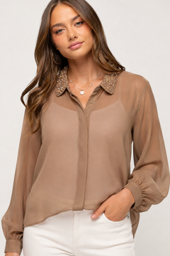Sequin Collar Blouse in Taupe- Size: S