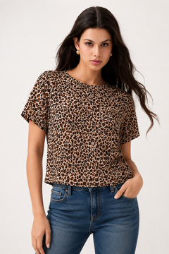Leopard Print Short-Sleeve Top - Size: M