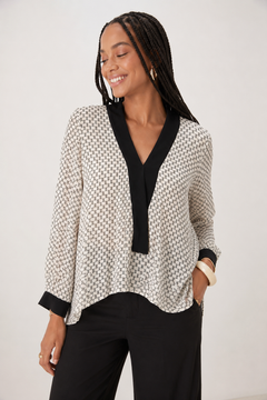 Cream and Black Blouse in Viscose- Size: M