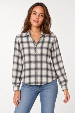 Cotton Flannel Shirt in White and Grey - Size: M