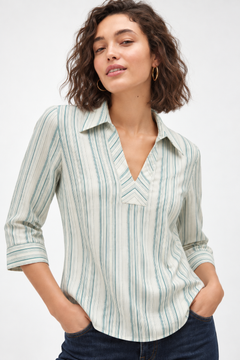 Striped White & Teal Blouse- Size: S/M
