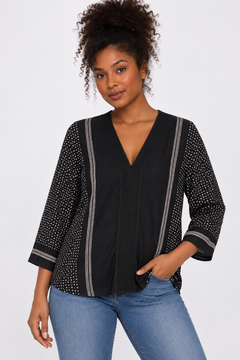 V-Neck Blouse with Stripes - Size: L/XL