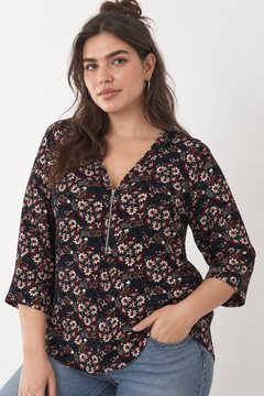 Dark Floral Half-Zip Blouse - Size: XXL/XXXL