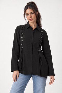 Black Lace-Up Blouse in Viscose - Size: M