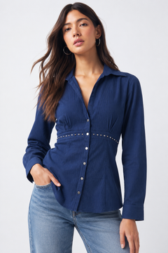 Blue Studded Collared Blouse - Size: XS