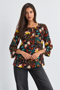Botanical Print Blouse in Black Base - Size: S
