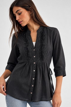 Black Ruffled Blouse with Back Tie - Size: M