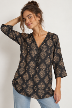 Beaded Neckline Tunic with Damask Print - Size: M
