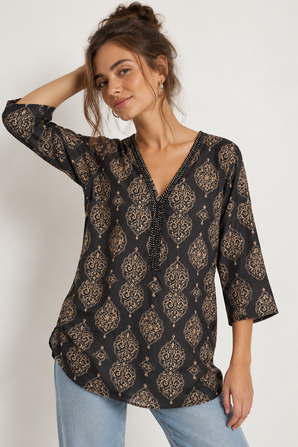 Beaded Neckline Tunic with Damask Print - Size: M