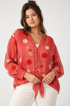 Polka Dot Blouse with Front Tie - Size: XXL