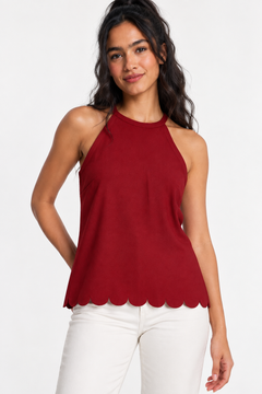 Scallop Hem Leather-effect Top - Size: S