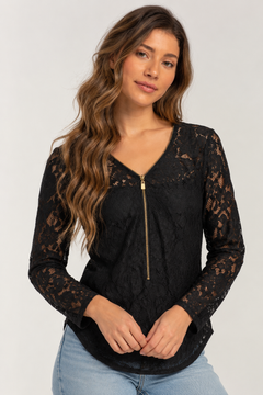 Semi-Sheer Lace Blouse in Black - Size: S