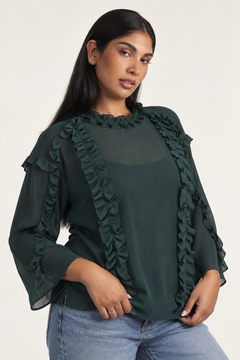 Ruffled Blouse in Emerald Green- Size: XL