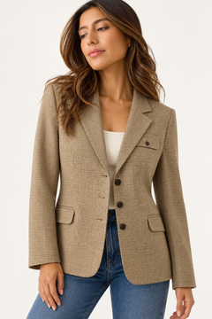 Tan Plaid Blazer in Viscose Linen - Size: S/M