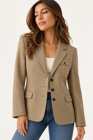 Tan Plaid Blazer in Viscose Linen - Size: S/M
