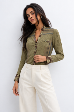 Olive Green Blouse in Textured Cotton- Size: S