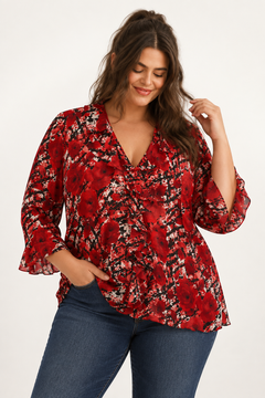 Rose Pattern Blouse in Deep Red- Size: XXXL