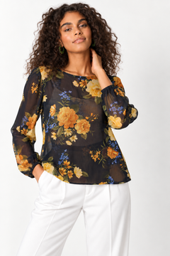 Yellow Blossoms Chiffon Blouse - Size: M