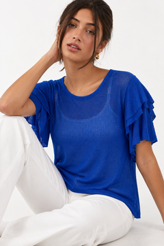 Ruffled Sleeves Top in Royal Blue- Size: L