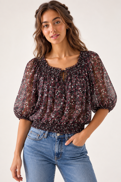 Floral Smocked Blouse in Pure Silk- Size: L