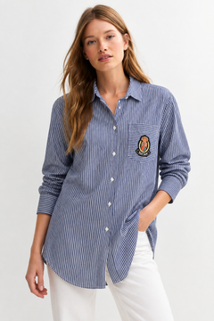 Striped Shirt Dress with Crest Patch - Size: M