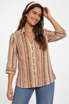Retro Striped Blouse with 3/4 Sleeves- Size: M/L