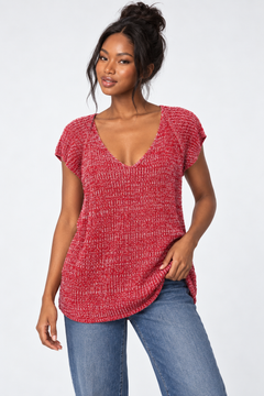 Cotton Knit Top in Berry Tone-Size: M
