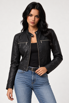 Real  Leather Cropped Jacket  - Size: S/M