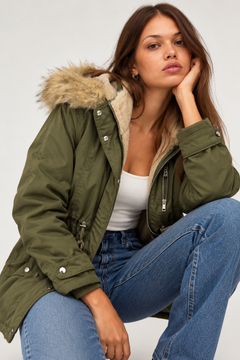 Faux Fur Hood Khaki Parka - Size: S/M