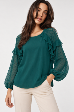 Ruffle Blouse with Sheer Sleeves- Size: L