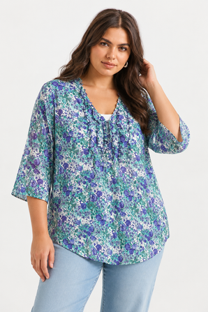 Floral Ruffle V-Neck Blouse - Size: XL