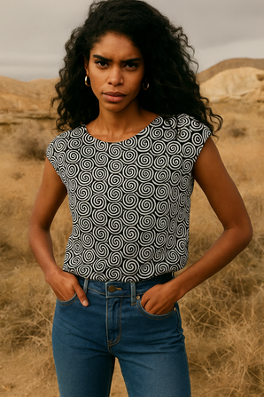Sleek Patterned Top with Swirl Motif - Size: S
