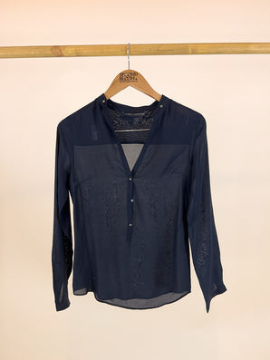 V Neck Black Viscose Blouse - Size: XS