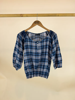 Dark Blue Plaid Blouse- Size: S