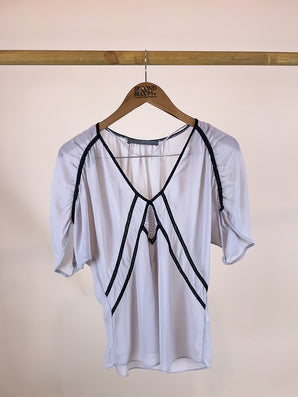 Contrast Trim V_ Neck Blouse- Size: S