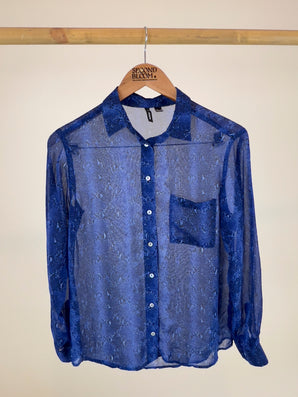 Cobalt Blue Blouse with jacquard-like Pattern - Size: S