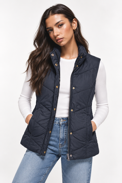 Navy Quilted Vest with Gold Snaps - Size: S